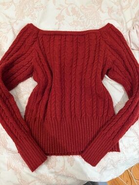 SHEIN Red Cable Knit Off-Shoulder Sweater
